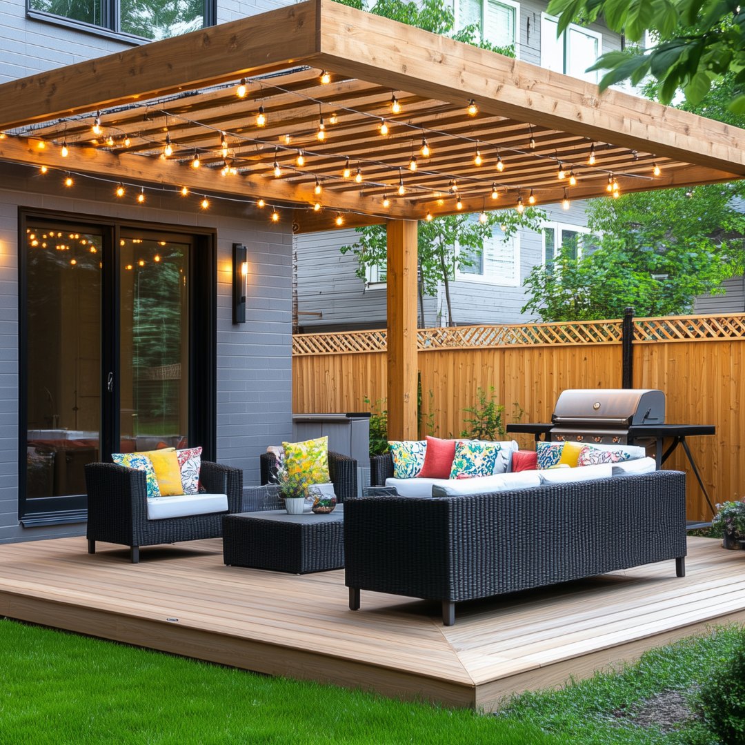 Pergola med lyskæder over loungeområde og grill — North Træbyg