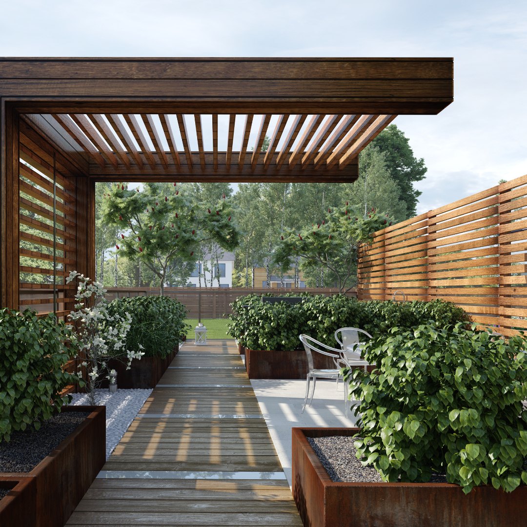 Moderne pergola i hårdttræ med lamel-tag over træterrasse — North Træbyg, Nordsjælland